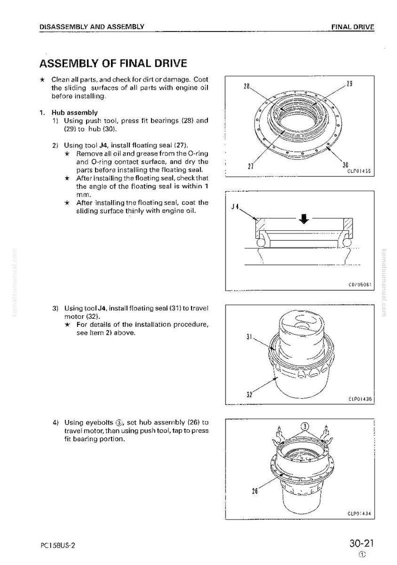 May include: Diagram of final drive assembly with labeled parts. Includes illustrations of hub assembly, floating seals, and travel motor components. Text instructions detail the assembly process.