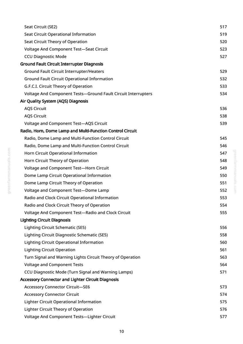 May include: A page from a manual with a list of automotive electrical system topics, including seat circuits, lighting circuits, and radio circuits. The page number is 10.