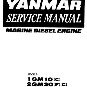 以下が含まれることがあります： ヤンマー舶用ディーゼルエンジンの白黒サービスマニュアル。「YANMAR SERVICE MANUAL」のタイトルが「MARINE DIESEL ENGINE」の上に大きく表示されています。モデル番号1GM10(C)、2GM20(F)(C)、3GM30(F)(C)、3HM35(F)(C)が記載されています。