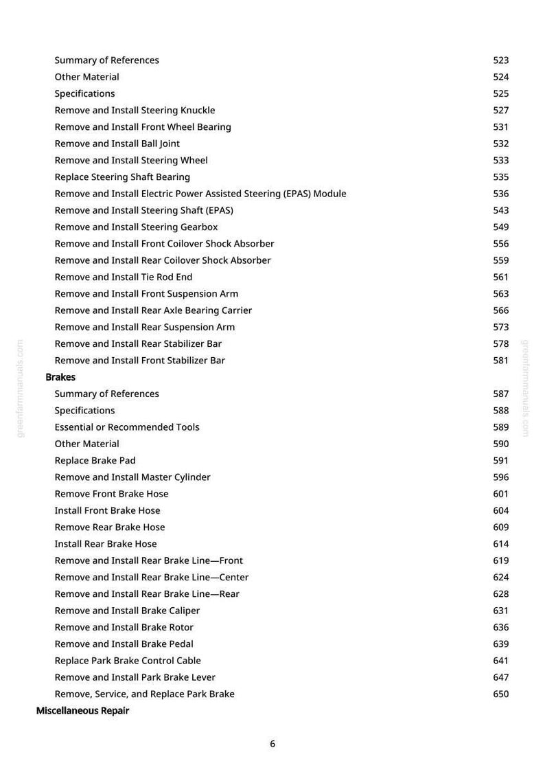 May include: A page from a greenfarmmanuals.com manual, listing automotive repair procedures. The text includes sections on steering, brakes, and miscellaneous repair, with page numbers. The manual is for automotive enthusiasts.