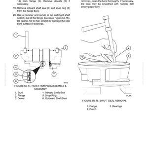 May include: Diagram of a hoist pump disassembly and assembly process. The image includes detailed illustrations with numbered parts, such as studs, flanges, and seals, along with step-by-step instructions for removal and cleaning.