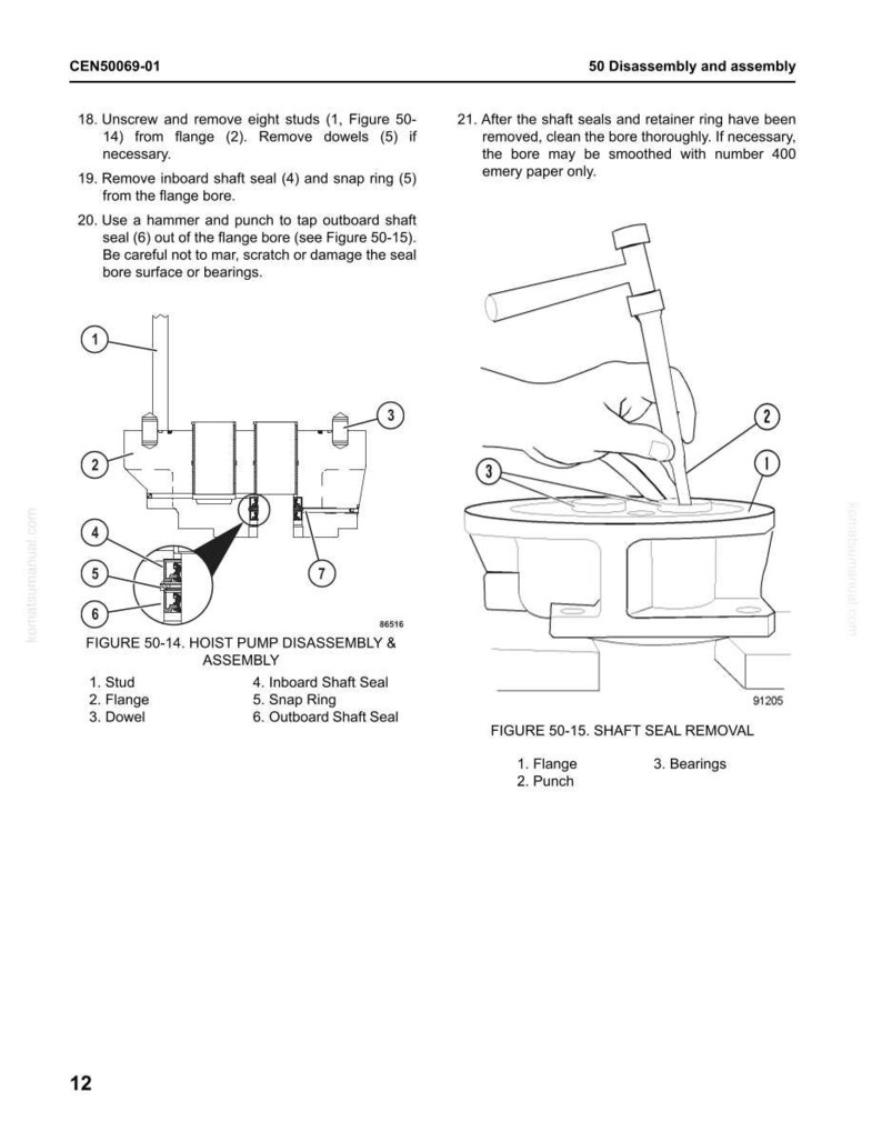 May include: Diagram of a hoist pump disassembly and assembly process. The image includes detailed illustrations with numbered parts, such as studs, flanges, and seals, along with step-by-step instructions for removal and cleaning.