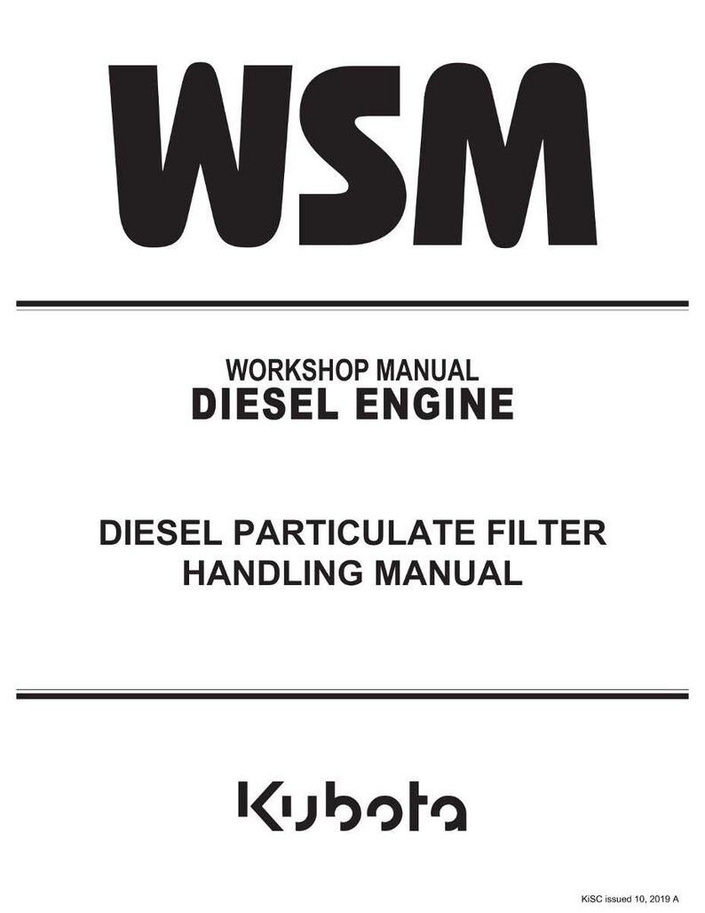 K&ouml;nnte beinhalten: Ein wei&szlig;es Dokument mit schwarzem Text. Der Titel lautet "WSM" &uuml;ber "WORKSHOP MANUAL DIESEL ENGINE" und "DIESEL PARTICULATE FILTER HANDLING MANUAL". Das Kubota-Logo befindet sich unten.
