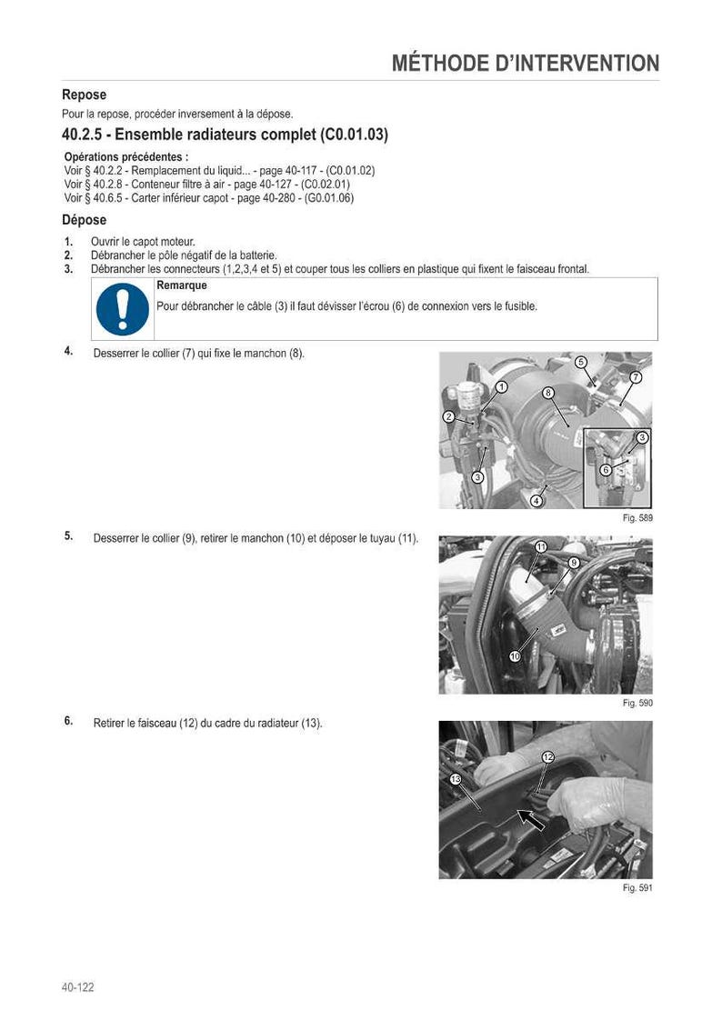 Puede incluir: Un diagrama t&eacute;cnico con el t&iacute;tulo "M&Eacute;THODE D'INTERVENTION" e instrucciones para la reparaci&oacute;n de autom&oacute;viles. La imagen incluye pasos numerados, diagramas y etiquetas de componentes para la extracci&oacute;n del radiador.