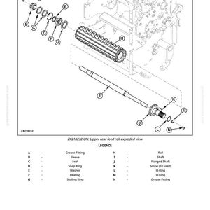 May include: An exploded view diagram of the upper rear feed roll assembly, with labeled parts including a roll, shaft, and various fittings. Text includes "Repair Upper Rear Feed Roll" and "ZX218232-UN".
