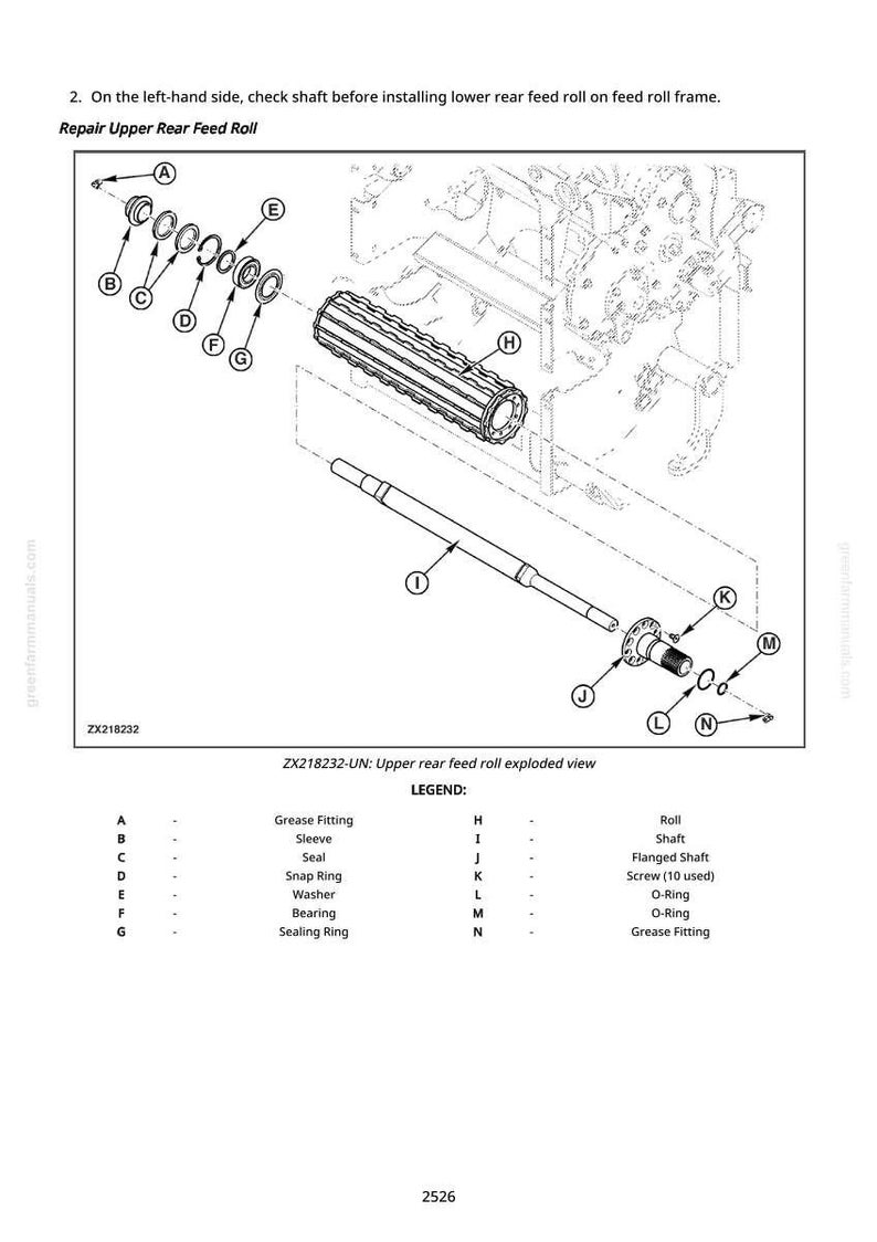 May include: An exploded view diagram of the upper rear feed roll assembly, with labeled parts including a roll, shaft, and various fittings. Text includes "Repair Upper Rear Feed Roll" and "ZX218232-UN".