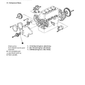 May include: An exploded diagram of an engine's gear train and cam shaft, with labels for component parts. Includes measurements in ft-lb and Nm. The image is in black and white.