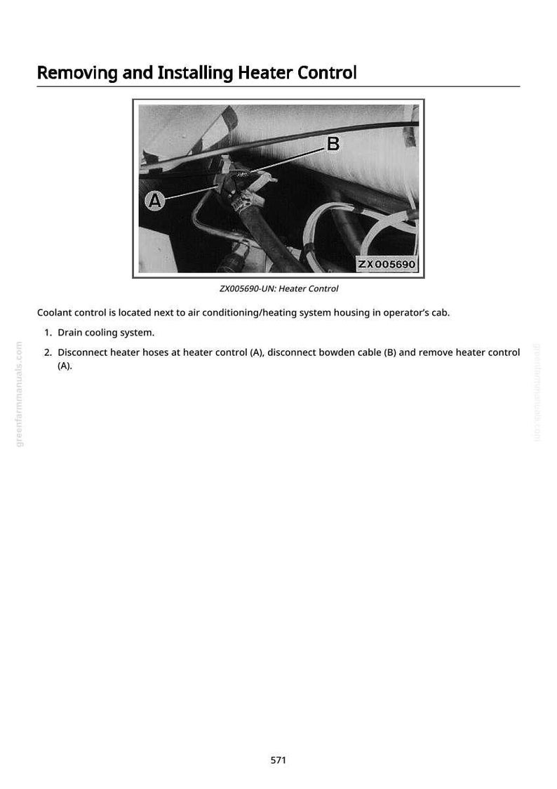 May include: Diagram illustrating the removal and installation of a heater control system. The image includes close-up views of components labeled A and B, with the text "ZX005690-UN: Heater Control". Instructions are provided below the diagram.