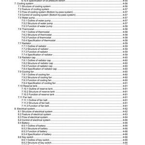 May include: A detailed table of contents from a manual, featuring sections on cooling systems, electrical systems, and engine components. The text is black on a white background, with page numbers and subheadings.