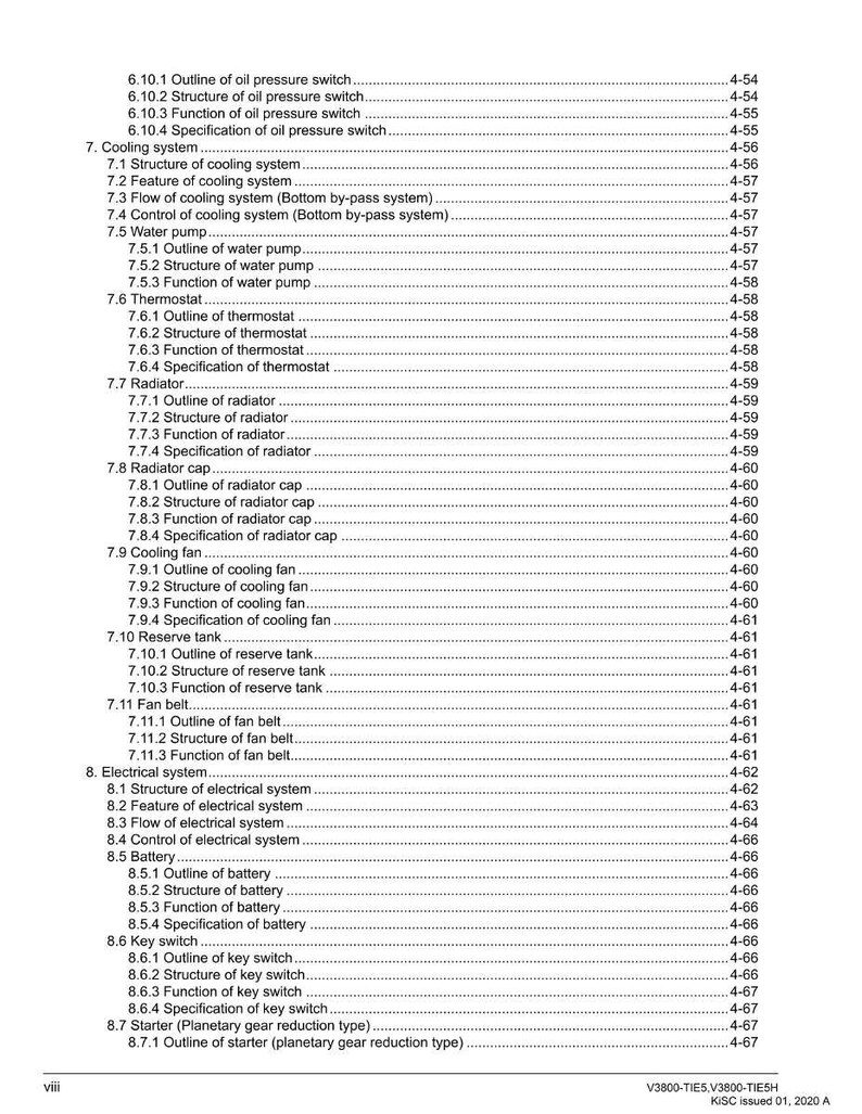 May include: A detailed table of contents from a manual, featuring sections on cooling systems, electrical systems, and engine components. The text is black on a white background, with page numbers and subheadings.