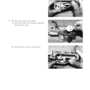 May include: A technical diagram with instructions for fuel system maintenance. The image shows close-up views of mechanical components, including a spring, throttle valve, and valve shaft. Text includes "Fuel System" and "Air Governor".