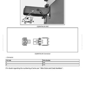 May include: Diagram of a backup alarm system, labeled "B43 - Backup Alarm," with a detailed illustration of the alarm and its components. Includes a connector diagram and a table with pin code and wire number information.
