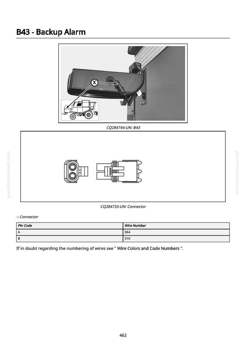 May include: Diagram of a backup alarm system, labeled "B43 - Backup Alarm," with a detailed illustration of the alarm and its components. Includes a connector diagram and a table with pin code and wire number information.