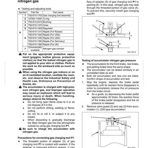 May include: Technical diagram with a parts list for testing and adjusting accumulator nitrogen gas pressure. Includes a diagram of the gas charging tool assembly and safety precautions for handling nitrogen gas.