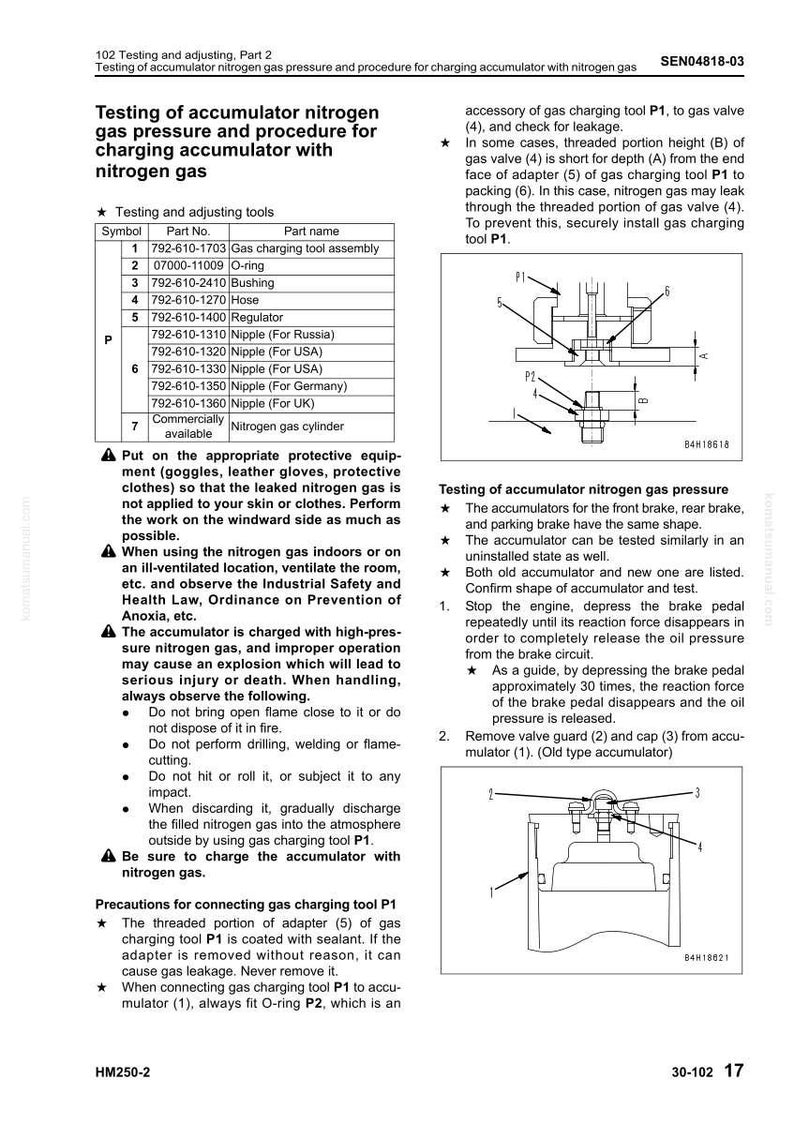 May include: Technical diagram with a parts list for testing and adjusting accumulator nitrogen gas pressure. Includes a diagram of the gas charging tool assembly and safety precautions for handling nitrogen gas.