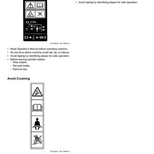 May include: A white page with safety labels and instructions. The labels include symbols for avoiding injury and crushing, along with text advising to read the operator's manual and wear a seat belt.