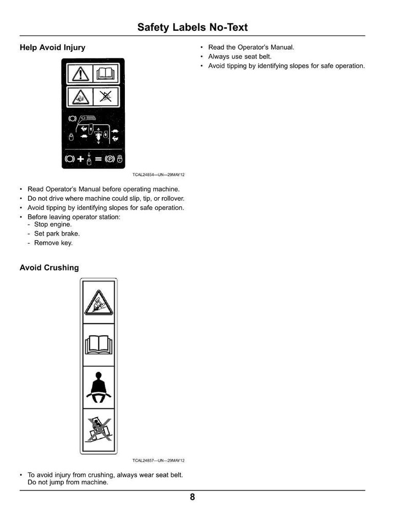 May include: A white page with safety labels and instructions. The labels include symbols for avoiding injury and crushing, along with text advising to read the operator's manual and wear a seat belt.