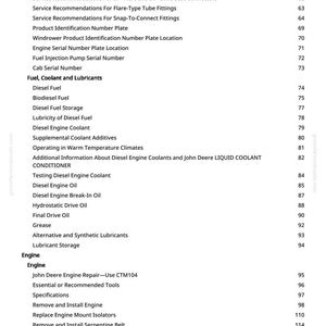 May include: A page from a manual with a list of topics, including engine repair, fuel, and coolant information. The text is black on a white background, with page numbers on the right.