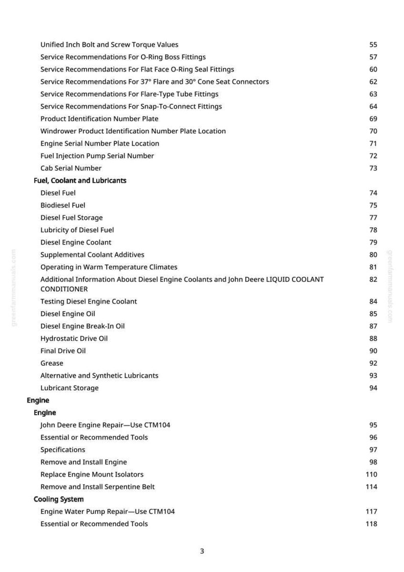 May include: A page from a manual with a list of topics, including engine repair, fuel, and coolant information. The text is black on a white background, with page numbers on the right.