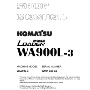 K&ouml;nnte beinhalten: Ein wei&szlig;es Werkstatthandbuch mit dem Text "SHOP MANUAL" in einer stilisierten Schriftart. Das Komatsu-Logo ist sichtbar, zusammen mit "avance LOADER WA900L-3". Enth&auml;lt Informationen zu Maschinenmodell und Seriennummer. Gedruckt in Japan.