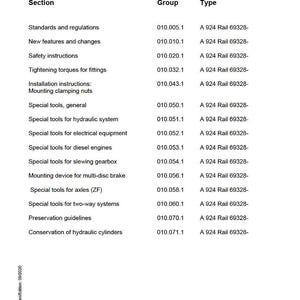Puede incluir: Una p&aacute;gina del manual de servicio titulada "SUBGROUP - INDEX" con una tabla que enumera secciones, grupos y tipos. Las secciones incluyen "Normas y reglamentos" y "Herramientas especiales para ejes (ZF)". El documento es de LIEBHERR.