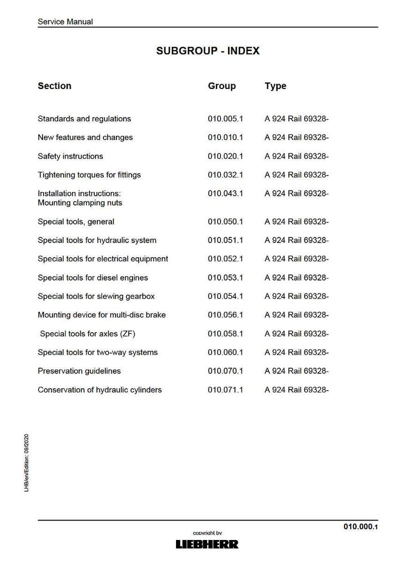 Puede incluir: Una p&aacute;gina del manual de servicio titulada "SUBGROUP - INDEX" con una tabla que enumera secciones, grupos y tipos. Las secciones incluyen "Normas y reglamentos" y "Herramientas especiales para ejes (ZF)". El documento es de LIEBHERR.