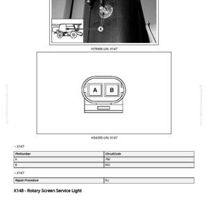 Op de afbeelding: Diagram van een machineonderdeel met een connector met de labels A en B. Bevat een tabel met pinnummers en circuitcodes. De tekst "X148 - Rotary Screen Service Light" is ook aanwezig.