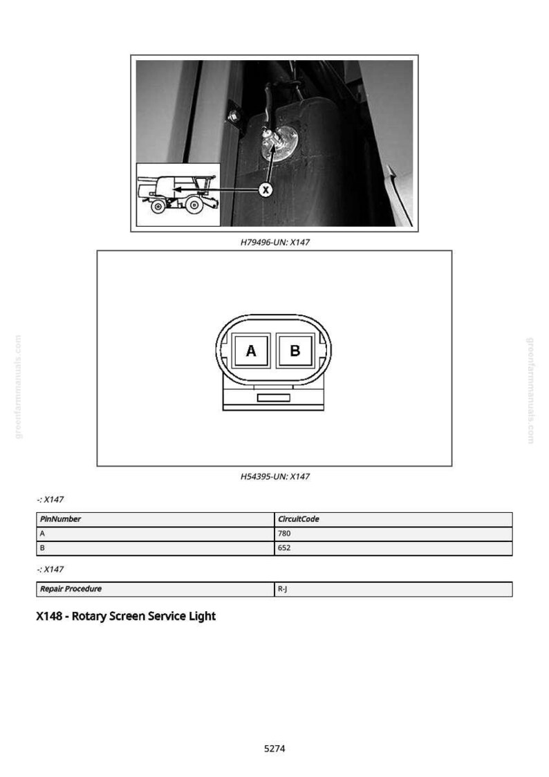 Op de afbeelding: Diagram van een machineonderdeel met een connector met de labels A en B. Bevat een tabel met pinnummers en circuitcodes. De tekst "X148 - Rotary Screen Service Light" is ook aanwezig.