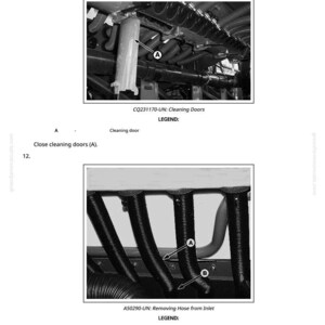 May include: Black and white technical diagram with close-up views of mechanical components. The diagram includes labels for cleaning doors, seed hoses, and inlet nozzles, with torque specifications in lb-in.