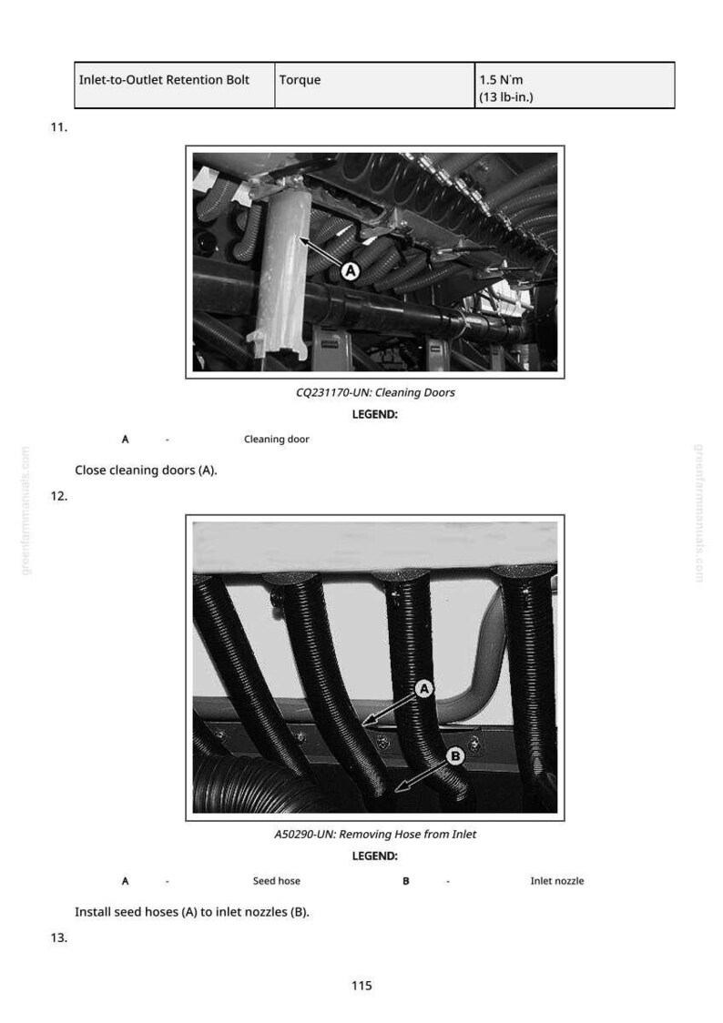 May include: Black and white technical diagram with close-up views of mechanical components. The diagram includes labels for cleaning doors, seed hoses, and inlet nozzles, with torque specifications in lb-in.