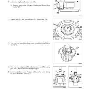 May include: Diagram of swing machinery disassembly and assembly instructions. The image includes detailed illustrations of various components, including pins, shafts, gears, and washers, with numbered labels for each part. Text instructions accompany the diagrams.