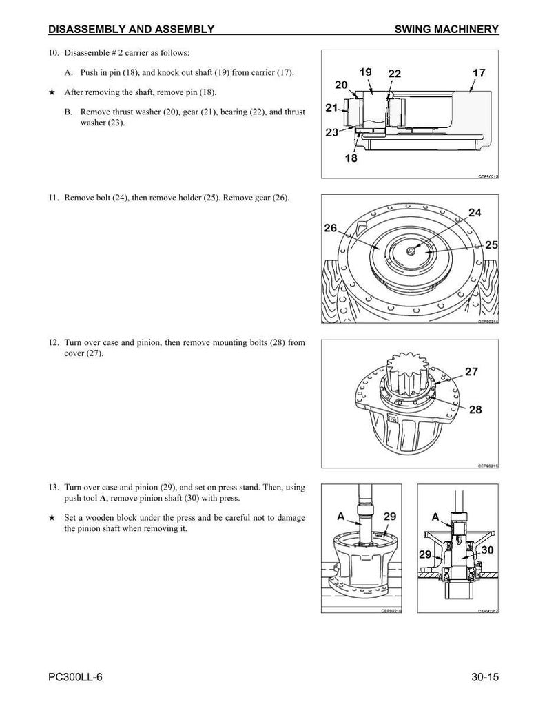 May include: Diagram of swing machinery disassembly and assembly instructions. The image includes detailed illustrations of various components, including pins, shafts, gears, and washers, with numbered labels for each part. Text instructions accompany the diagrams.