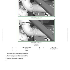 May include: Diagram of mechanical components, including a clamp, shield, and cap screws. The image includes labels (A, B, C, D, E) and instructions for removal and loosening. The text "N107096-UN: Clamp" and "N107097-UN: Shield" are visible.