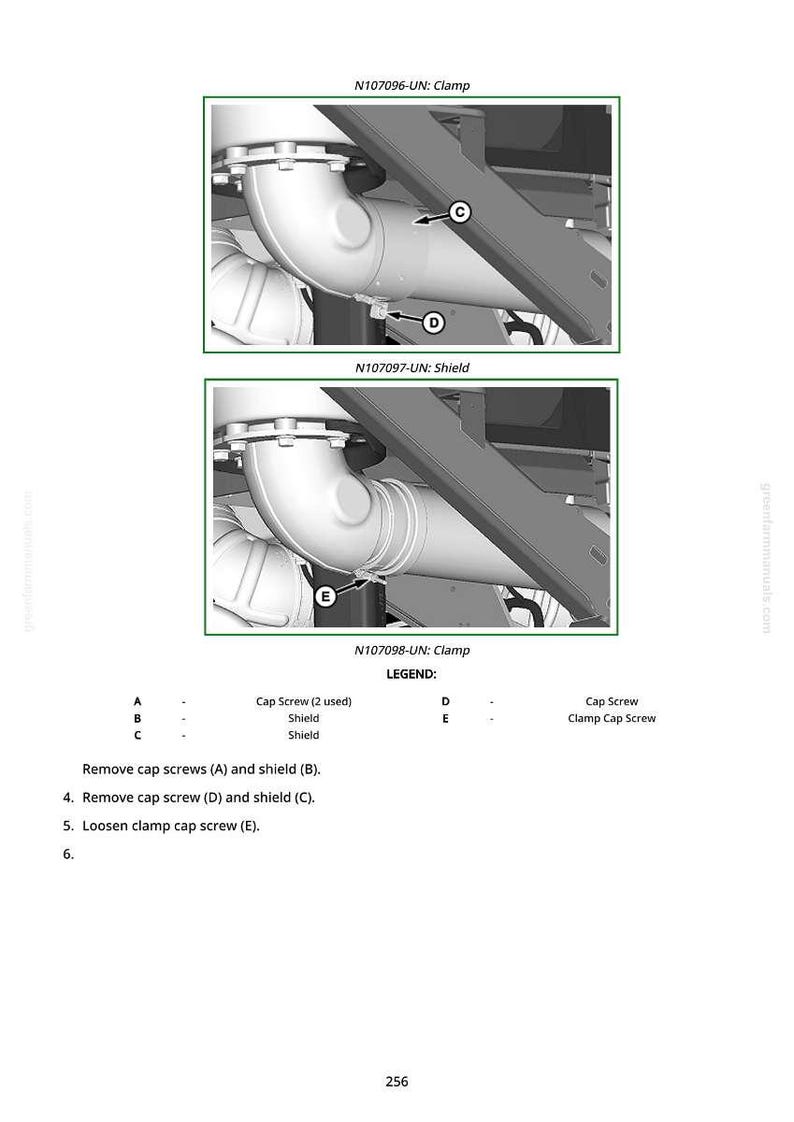 May include: Diagram of mechanical components, including a clamp, shield, and cap screws. The image includes labels (A, B, C, D, E) and instructions for removal and loosening. The text "N107096-UN: Clamp" and "N107097-UN: Shield" are visible.