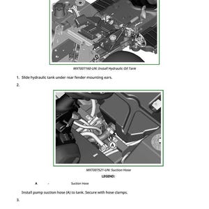 May include: Diagram of hydraulic oil tank installation, with close-up views of components and text instructions. Includes images of the suction hose and tank, with labels and steps for assembly. Text reads: Install Hydraulic Oil Tank.