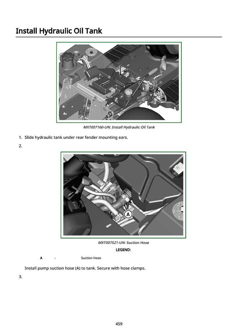 May include: Diagram of hydraulic oil tank installation, with close-up views of components and text instructions. Includes images of the suction hose and tank, with labels and steps for assembly. Text reads: Install Hydraulic Oil Tank.