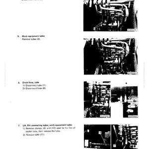 K&ouml;nnte beinhalten: Technische Zeichnung mit mehreren Nahaufnahmen von Maschinenkomponenten, darunter Rohre und Schl&auml;uche. Die Bilder sind mit Nummern und Textbeschreibungen versehen, wie z. B. "Fahrleitung" und "Arbeitsger&auml;terohre."