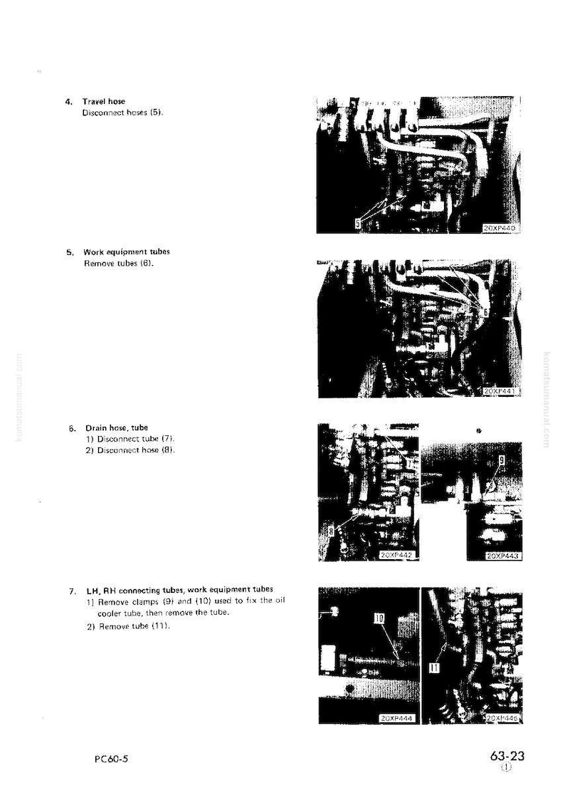 K&ouml;nnte beinhalten: Technische Zeichnung mit mehreren Nahaufnahmen von Maschinenkomponenten, darunter Rohre und Schl&auml;uche. Die Bilder sind mit Nummern und Textbeschreibungen versehen, wie z. B. "Fahrleitung" und "Arbeitsger&auml;terohre."