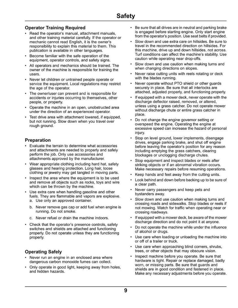 May include: A page from a safety manual with the title "Safety" at the top. The text provides instructions and warnings for operating machinery, including operator training, preparation, and safe operating procedures.