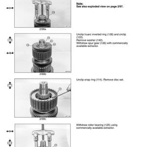 May include: Diagrams illustrating the repair of a powershift transmission. The images show the dismantling of clutches, removal of bearings, and other mechanical procedures. Text includes part numbers and instructions.