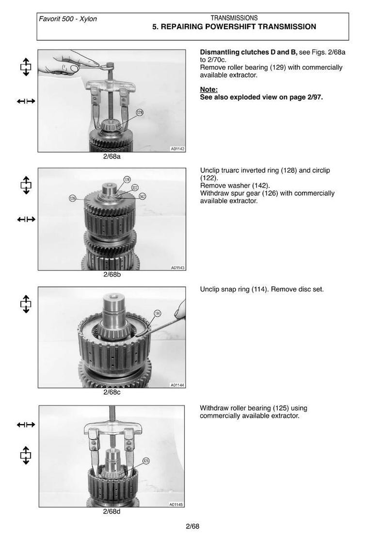 May include: Diagrams illustrating the repair of a powershift transmission. The images show the dismantling of clutches, removal of bearings, and other mechanical procedures. Text includes part numbers and instructions.