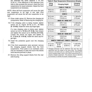 May include: A technical document titled "CEN30098-16" with a table detailing rear suspension dimensions. The table includes measurements for oiling height in inches, charging height in inches, and charging pressure in psi. Instructions and diagrams are also present.