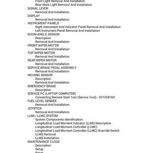 Puede incluir: Una lista detallada de componentes automotrices, como luces, sensores y sistemas inform&aacute;ticos, con sus funciones asociadas. El texto incluye t&eacute;rminos como "Extracci&oacute;n e Instalaci&oacute;n" y "Descripci&oacute;n".