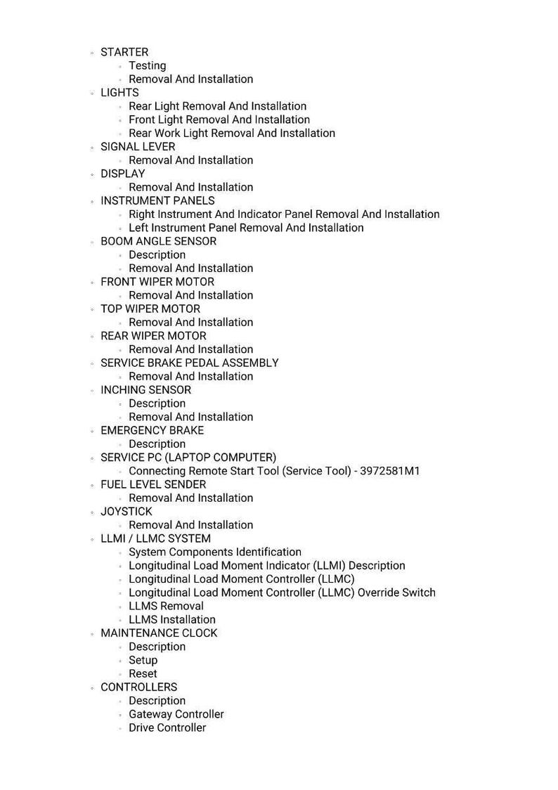 Puede incluir: Una lista detallada de componentes automotrices, como luces, sensores y sistemas inform&aacute;ticos, con sus funciones asociadas. El texto incluye t&eacute;rminos como "Extracci&oacute;n e Instalaci&oacute;n" y "Descripci&oacute;n".
