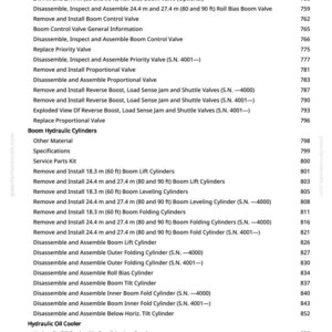 May include: A detailed list of service parts and procedures for boom valves, cylinders, and hydraulic systems. Includes measurements in feet and inches, and serial numbers. The document is from greentarfmanuals.com.