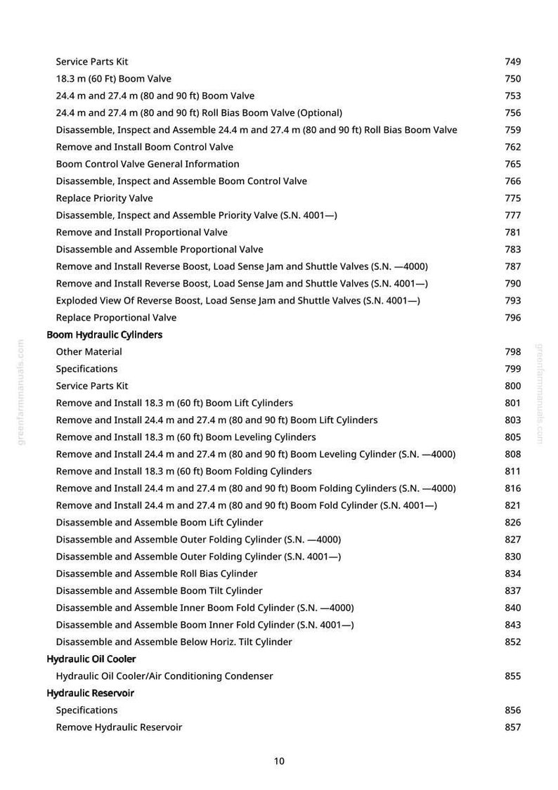 May include: A detailed list of service parts and procedures for boom valves, cylinders, and hydraulic systems. Includes measurements in feet and inches, and serial numbers. The document is from greentarfmanuals.com.