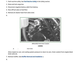 May include: Image from a manual showing steps to remove and install a cylinder head. The image includes a close-up of an engine component with a drain valve labeled "A". Text instructions are also included.
