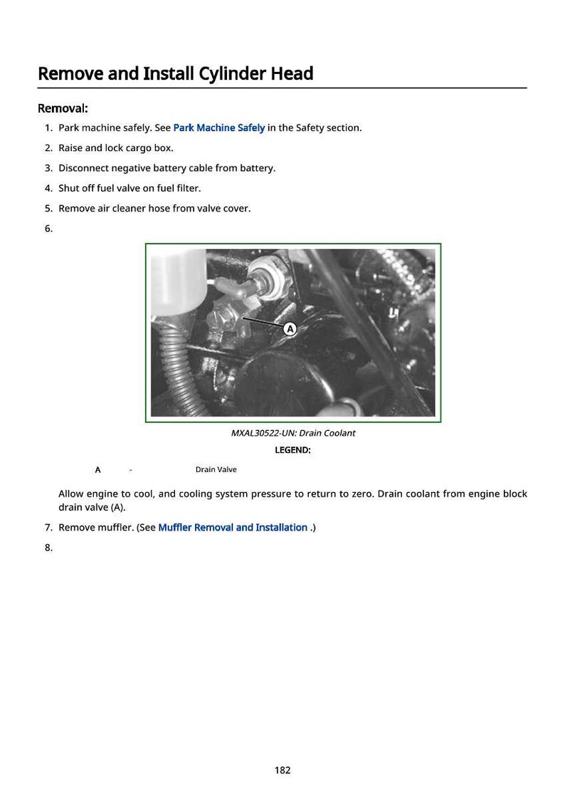 May include: Image from a manual showing steps to remove and install a cylinder head. The image includes a close-up of an engine component with a drain valve labeled "A". Text instructions are also included.
