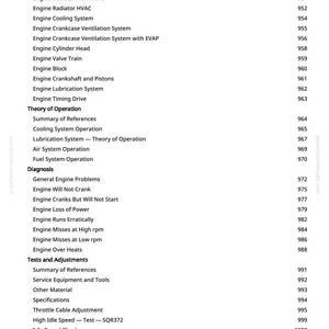 May include: A white page with a detailed table of contents for an engine repair manual. The table lists various engine components, operation theories, and diagnostic procedures, including tests and adjustments.