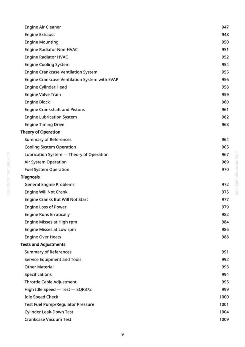 May include: A white page with a detailed table of contents for an engine repair manual. The table lists various engine components, operation theories, and diagnostic procedures, including tests and adjustments.